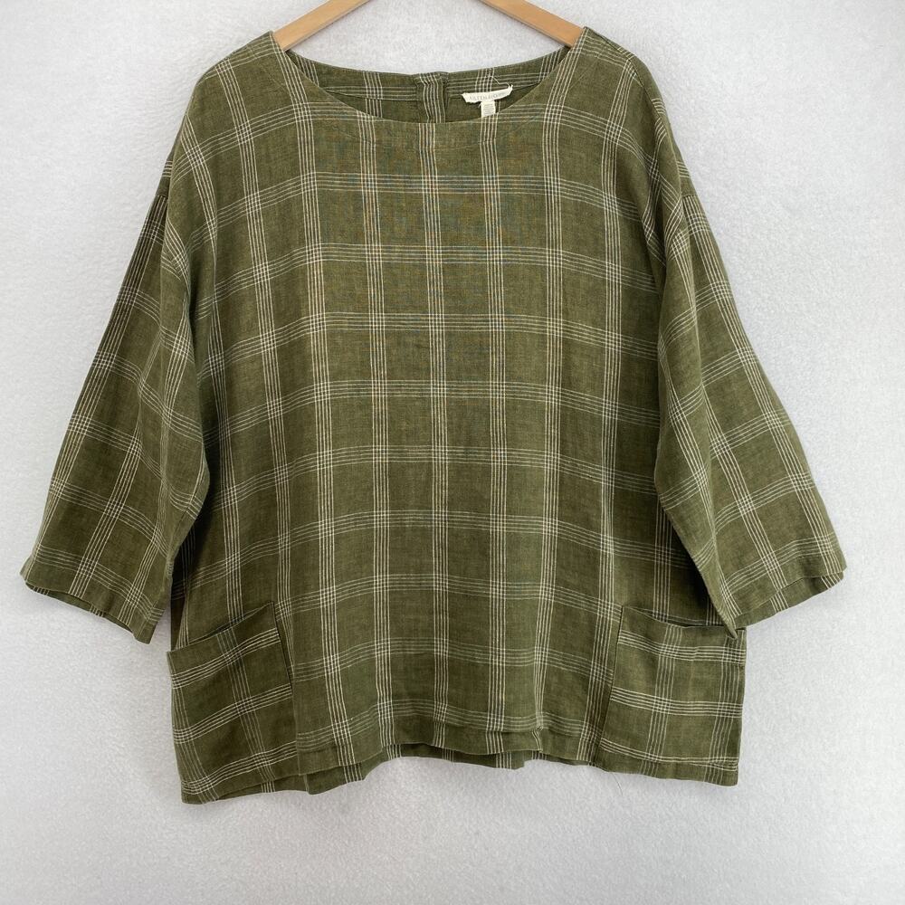 EILEEN FISHER Top L Organic Linen Slub Jersey Plaid Round Neck 3/4 Sleeve Green